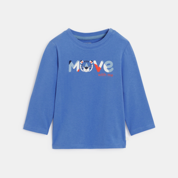 تيشيرت بأكمام طويلة برسوم حيوانات باللون الأزرق للأولاد الصغار